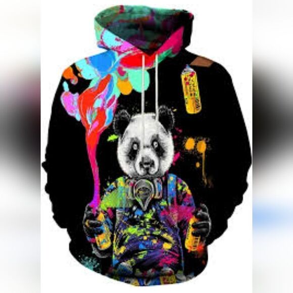 Black Colorful Panda Graffiti Double Print Unisex Hoodie Sweatshirt Mens Med - Picture 12 of 12